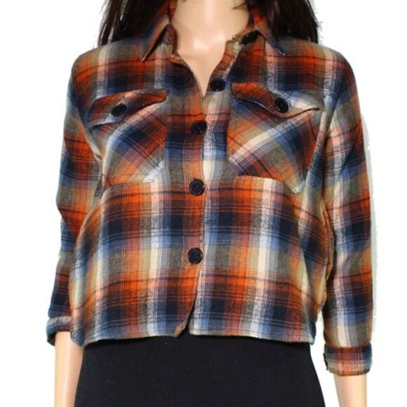 Angie Women's Flannel Top Size Small Plaid Buttoned Cropped Shacket blue orange - Picture 1 of 12